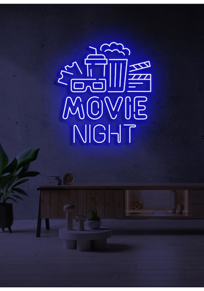 Movıe Nıght Yazılı Ve Şekilli Neon Tabela Mavi