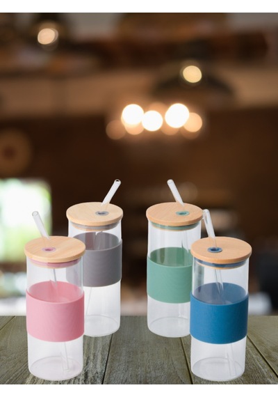 Bambu Kapaklı Cam Pipetli Kupa 400 Ml 1 Adet Yeşil