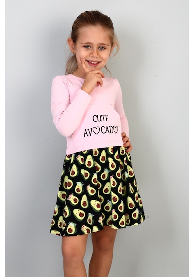 Toontoy Kız Çocuk Cute Avocado Naskışlı Eteği Desenli Elbise Açık Pembe