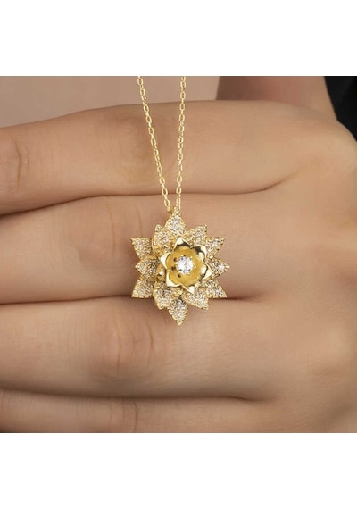 Gümüş Gold Beyaz Taşlı Lotus Çiçeği Kadın Kolye Gold
