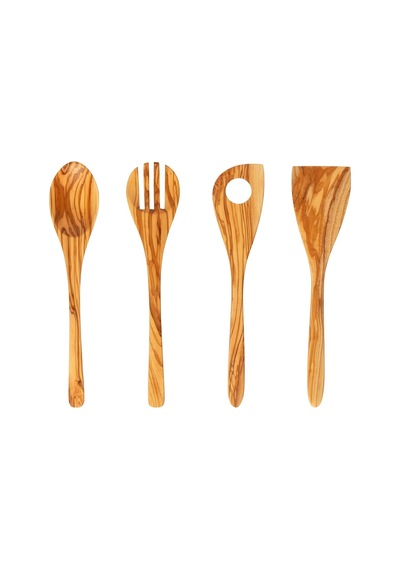 Zeytin Ağacı El Yapımı 4 Parça Mutfak Seti, Ahşap Kaşık, Çatal, Spatula, Delikli Spatula 30 Cm Diğer