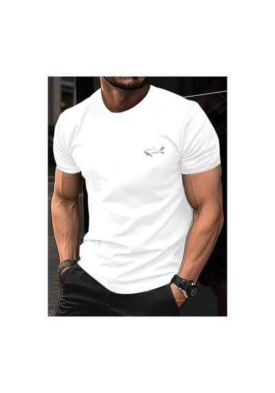 Caddemia Yaz Moda Rahat Gevşek Spor Moda Köpekbalığı Deseni Baskılı Yuvarlak Boyun Kı Beyaz 2XL
