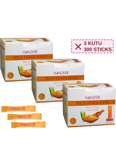 Hanzade Bitkisel Stick Esmer Şeker 100 Sticks 300 G x 3 Adet