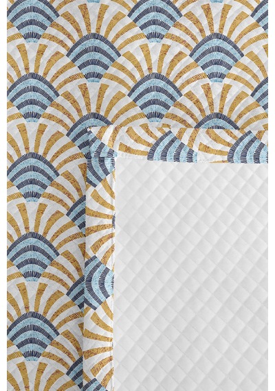 Geometrik Mavi Genç Odası Tek Kişilik Pike Takımı - Hardal Retro 160x220 Cm Kapitone Yatak Örtüsü Mat Pike Kırıntısı