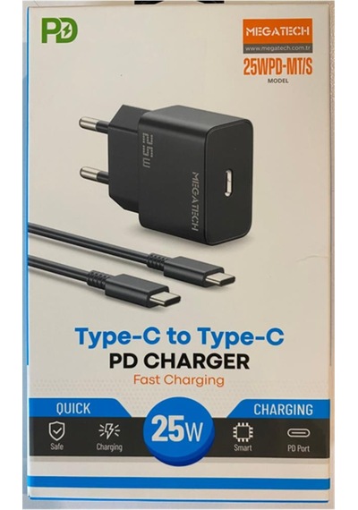 Megatech 25wpd-mt-s 25w Type-c Ev Şarj Kafa+type-c To Typec Kablo Hızlı Şarj