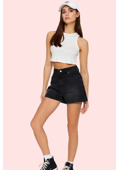 Ersefa Kadın Pamuklu Denim Şort City Short Kalıp Mom Siluet Rahat Günlük siyah