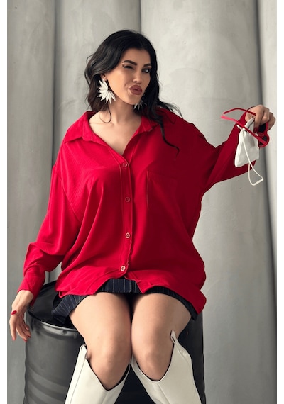 Paw Garage Kadın Perla Kırmızı Tek Cepli Oversize Gömlek, Geniş Kalıp Gömlek, Aerobin Gömlek Kırmızı