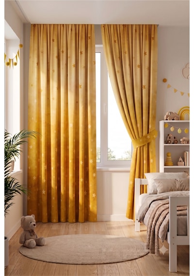 Bebek Çocuk Odası Fon Perdesi Desenli Dekoratif Dijital Baskılı Premium Çocuk Odası Perdesi Sarı