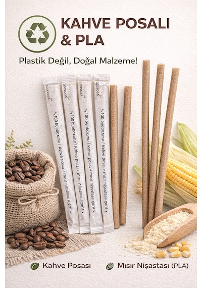 10'lu Wastepresso Ekolojik Pla Pipet 8x240 Mm Kompostlanabilir, Sargılı, Kahve Posalı
