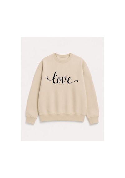 Herkesemoda Love Yazı Baskı Detaylı Şardonlu 2 İplik Bisiklet Yaka Sweatshirt Bej