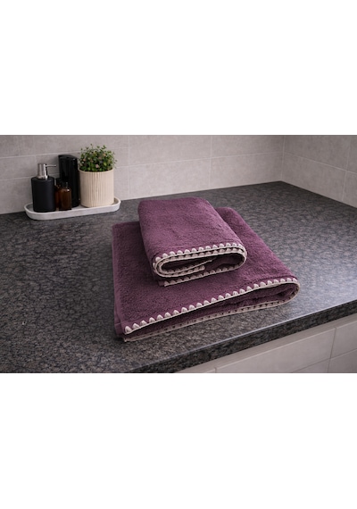 Krem İstiridye Dikişli %100 Pamuk Yumuşak Dokulu Yüksek Su Emici 2'li Banyo Havlu Seti 50x90-70x130 Mor