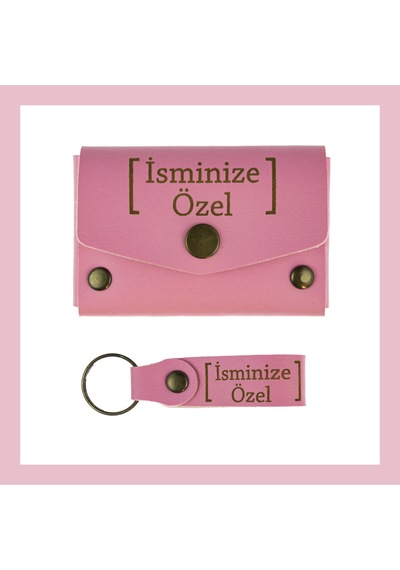 Miaju Pembe Renk, Adınıza Özel Cüzdan Ve Anahtarlık Set, Hediyelik Şık Deri Cüzdan & Anahtarlık Takım Pembe