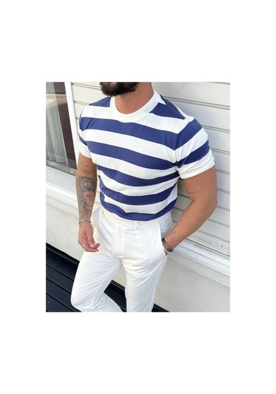Cool Tarz Erkek Beyaz-saks Çizgili Normal Kalıp Triko T-shirt Beyaz-saks Beyaz-saks