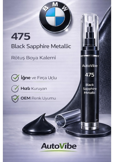Bmw Rötuş Boyası Ve Rötuş Çeliği Seti Kalemi 475 Black Sapphire Metallic - Siyah Safir Metalik 2si1arada Çizik Giderici
