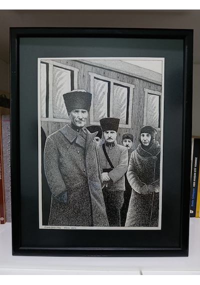 Atatürk Resmi - Orijinal Çizim - Siyah Ahşap Çerçeveli