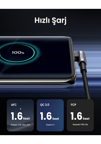 Ugreen Usb-c To Usb-a 3a Qc 90 Derece Hızlı Şarj Kablosu, 1 Metre, Uzay Girişi, 50941