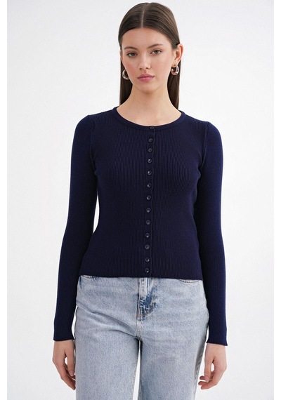 Hiccup Mixray Düğmeli Slim Fit Yivli Örgü Hırka Lacivert 05