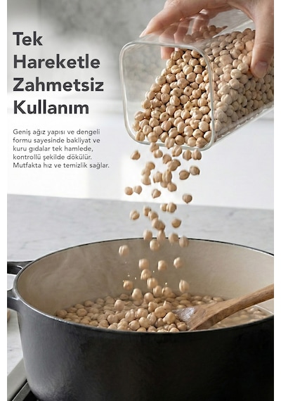 6'lı Bambu Kapak Aura Kare Saklama Kabı - 2100 Ml Vakum Kapaklı Hava Almaz Bakliyat Erzak Un Kabı Bej