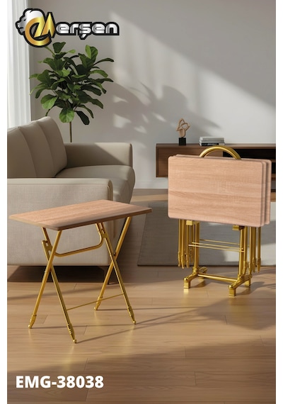 Eranş Serisi 4'lü Katlanır Mdf Mebran Ahşap Çanta Zigon Sehpa Gold Ayak Açık Atlantik Çam Desen Gold Ayak