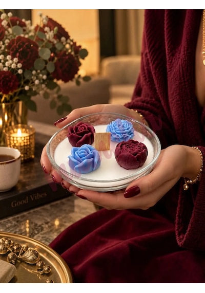 Mumelia Zafere Açan Güller - Doğal Soya Dekoratif Taraftar Mum - Bordo-mavi