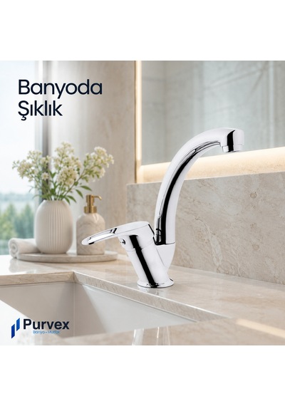 Purvex Home Klasik Kuğu Lavabo Bataryası Aç Kapa Eviye Musluğu Mutfak Ve Banyo Tezgah Üstü Krom Pirinç Musluk Batarya Seti Lüks Döner Borulu