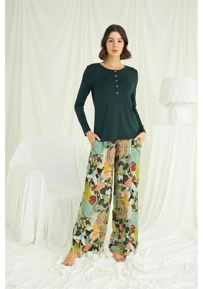 Ang Butik Kadın Çiçek Ve Yaprak Desenli Pijama Takımı Yeşil