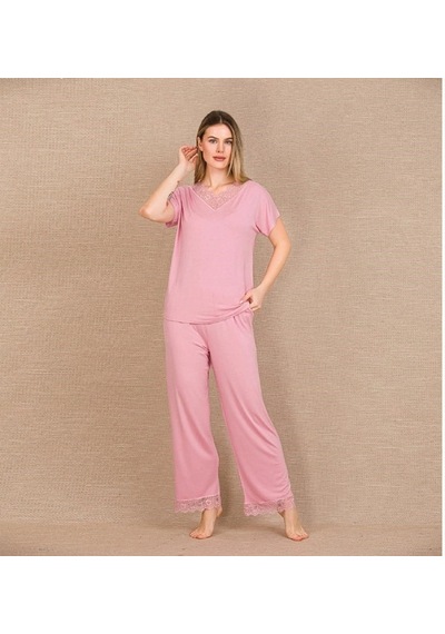 Aria's Closet Arias Closet Viskon Şık Tasarım Dantel İşlemeli Pembe Kısa Kol Pijama Takımı