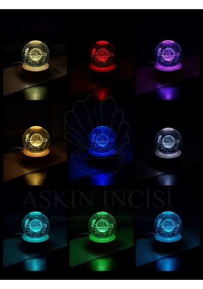 Satürn Kız Temalı Kristal Küre Renkli Rgb Led Ledli Usb'li Ahşap Standlı 3d Oda Masa Ve Gece Lambası Çok Renkli