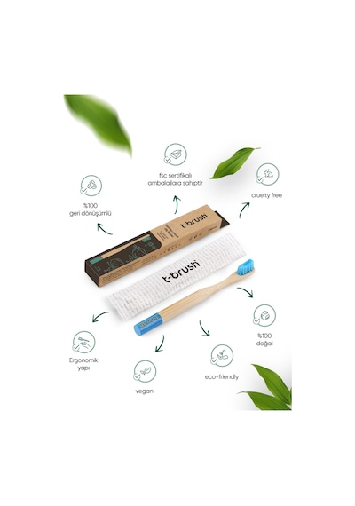 Tbrush Mavi Doğal Bambu Vegan Çocuk Diş Fırçası - Soft (yumuşak) + Paslanmaz Çelik Dil Temizleyici