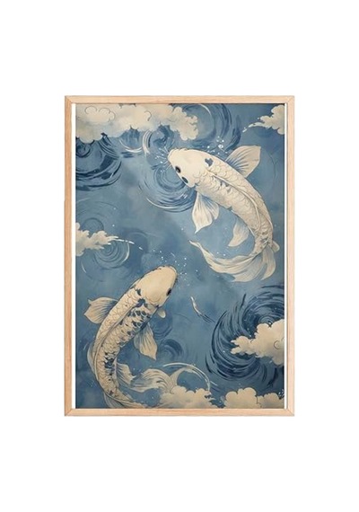 Mavi Tonlarda Koi Balıkları Ve Japon Dalgaları Temalı Ahşap Çerçeveli Tablo, 30 X 40 Cm