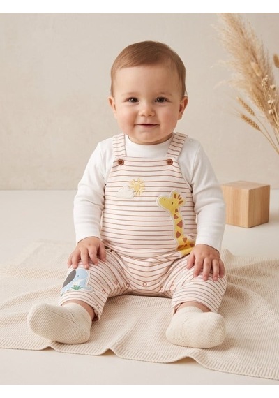 Zekids Erkek Bebek Zürafa Desenli Salopet Ve Uzun Kollu Üst Takım-17511 Çok Renkli