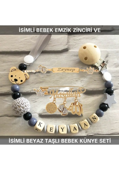 Sahi Aksesuar İsimli Bebek Emzik Zinciri Ve İsimli Bebek Künye Seti Bezyı729 Bej - Mavi