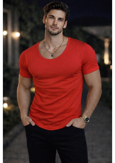 Bybülent Erkek Oval Yaka Tişört Açık Yaka Likralı Slim Fit T-shirt Kırmızı