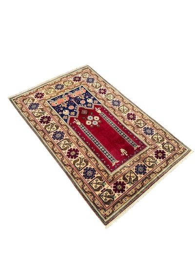 El Dokuma Vintage Eskitme Bünyan Halısı Seccade 86x130 Kırmızı Krem Kırmızı