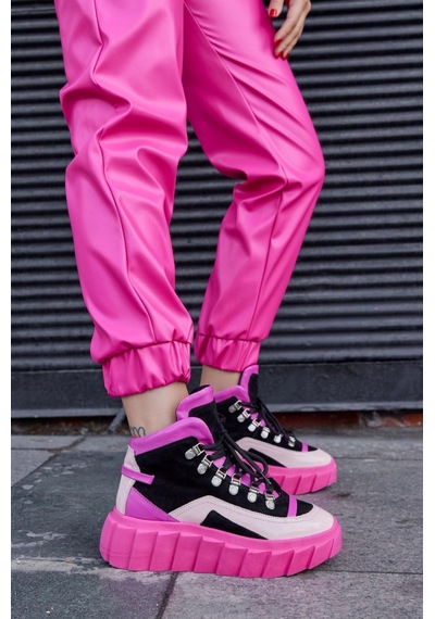 Candy Pembe Hakiki Deri Kadın Sneaker Bot-Pembe