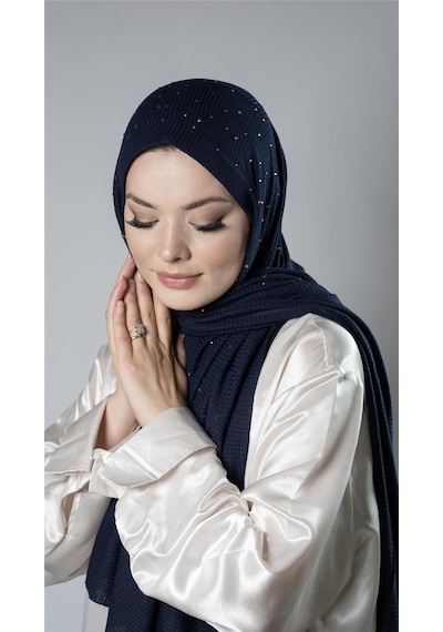Hürrem Bone Lacivert Pratik Hazır Geçmeli Tesettür Şal Örme Kumaş Taş Desenli 2118t 02