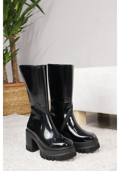 Asmi Shoes Kadın Liva Döner Fermuarlı 8 Cm Topuklu Bot Siyah Rugan Siyah