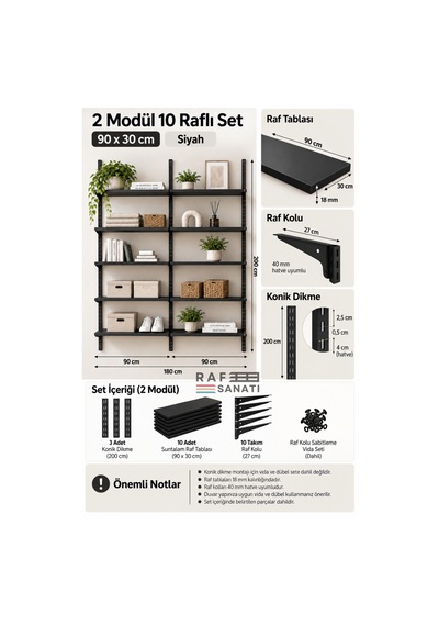 2 Modül 90x30 Cm 10 Raflı Geniş Mağaza Duvar Rafı Konik Dikme Sistem Siyah Suntalam