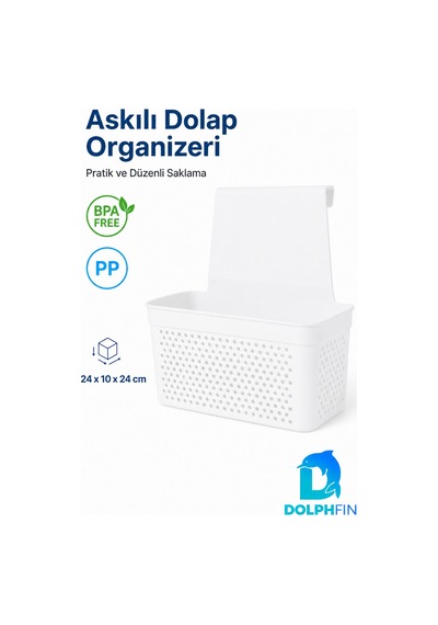 Askılı Dolap Organizeri 24x10x24 Cm Beyaz Pp Kapak Arkası Mutfak Banyo Düzenleyici Sepet