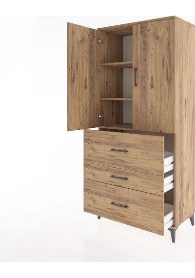 Hyperion Dolap 3 Raflı 3 Çekmeceli 2 Kapaklı 88x44x195 Çam-çam Çam