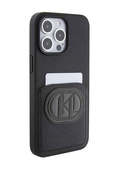 Apple Uyumlu iPhone 15 Pro Max  Kılıf Karl Lagerfeld Kartlıklı Saffiano K&l Patch  Lisanslı Siyah