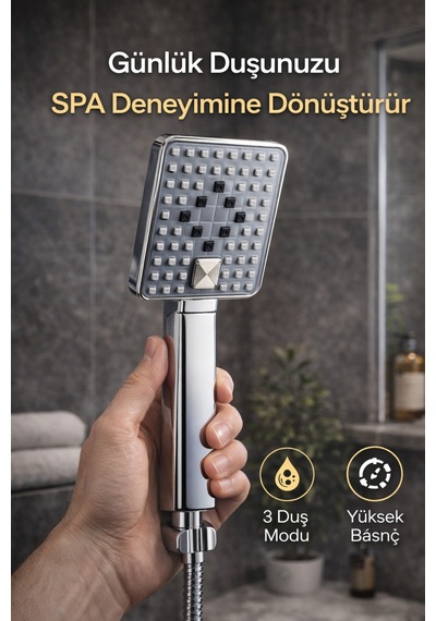 Yüksek Basınçlı Kare El Duş Başlığı 3 Fonksiyonlu Su Tasarruflu Modern Premium Tasarım Beyaz P Diğer