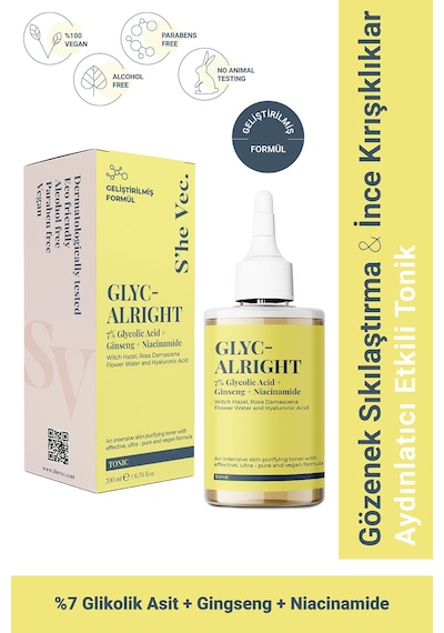 She Vec Glyc Alright Gözenek Sıkılaştırıcı ve Aydınlatıcı Etkili Tonik 200 ML