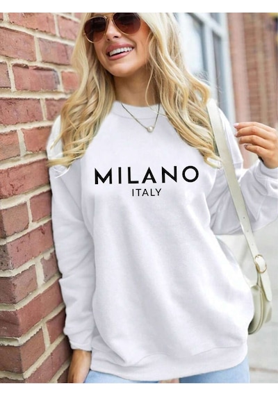 Uyguntarz Milano Baskılı Oversize Sweatshirt beyaz