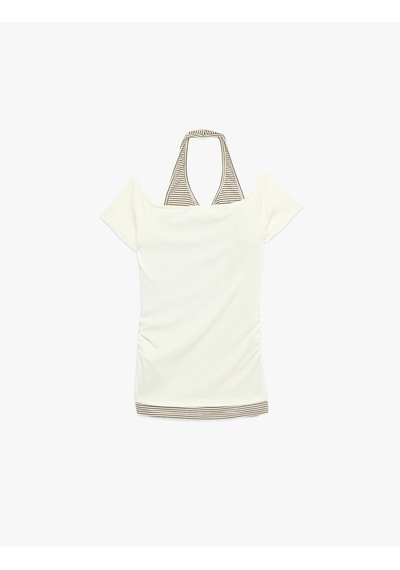 Koton Slim Fit Atlet Detaylı Kısa Kollu Viskon Karışımlı Omzu Açık Tişört Ekru 6sal10744ık