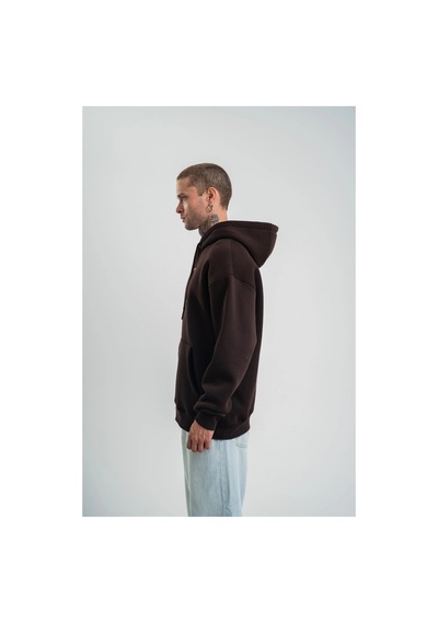Erkek Nakışlı Kapüşonlu Oversize 3 İplik Pamuklu Sweatshirt Hoodie - Siyah Kahve