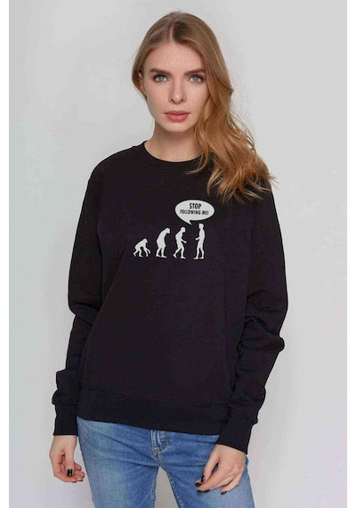 Stop Followıng Me Baskılı Siyah Kadın Sweatshirt