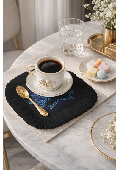 Lotus Enerji Saçaklı Sunum Peçetesi - Meditasyon Bohem Siyah Mavi Tasarımlı Bardak Altlığı Mendil Çok Renkli