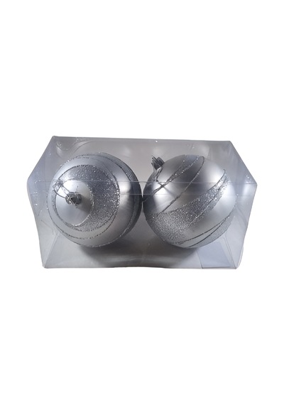 2 Adet Yılbaşı Ağacı Top Süsü 10 Cm - Tamamı Gümüş Parlak Ve Gümüş Sim Şeritli Lüks Yılbaşı Dekorasyonu Pvc Kutulu Set