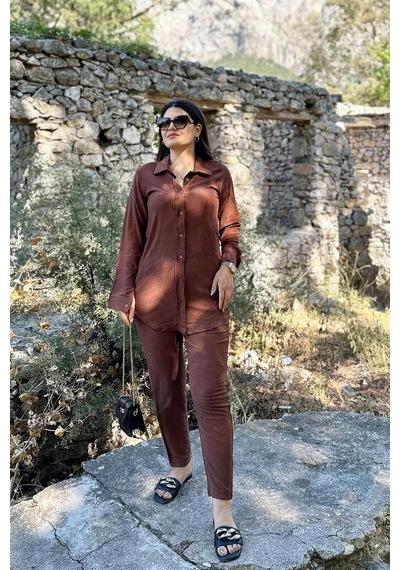 Kahverengi Cep Detaylı Gömlekli Alt Üst Takım Kahverengi